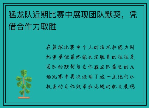 猛龙队近期比赛中展现团队默契，凭借合作力取胜