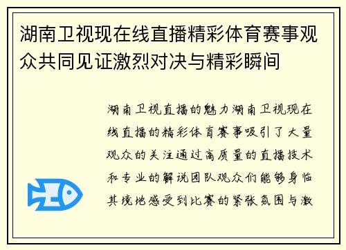 湖南卫视现在线直播精彩体育赛事观众共同见证激烈对决与精彩瞬间